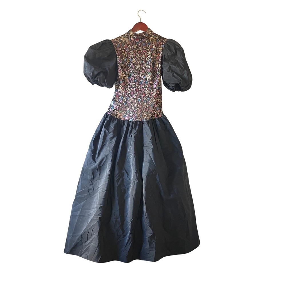 Cachet by Bari Protas 80s Metallic Floral Puff Sleeve Mock Neck Black Midi Dress
